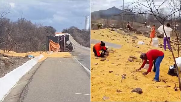 Carreta com carga de milho capota no Ceará e carga é saqueada